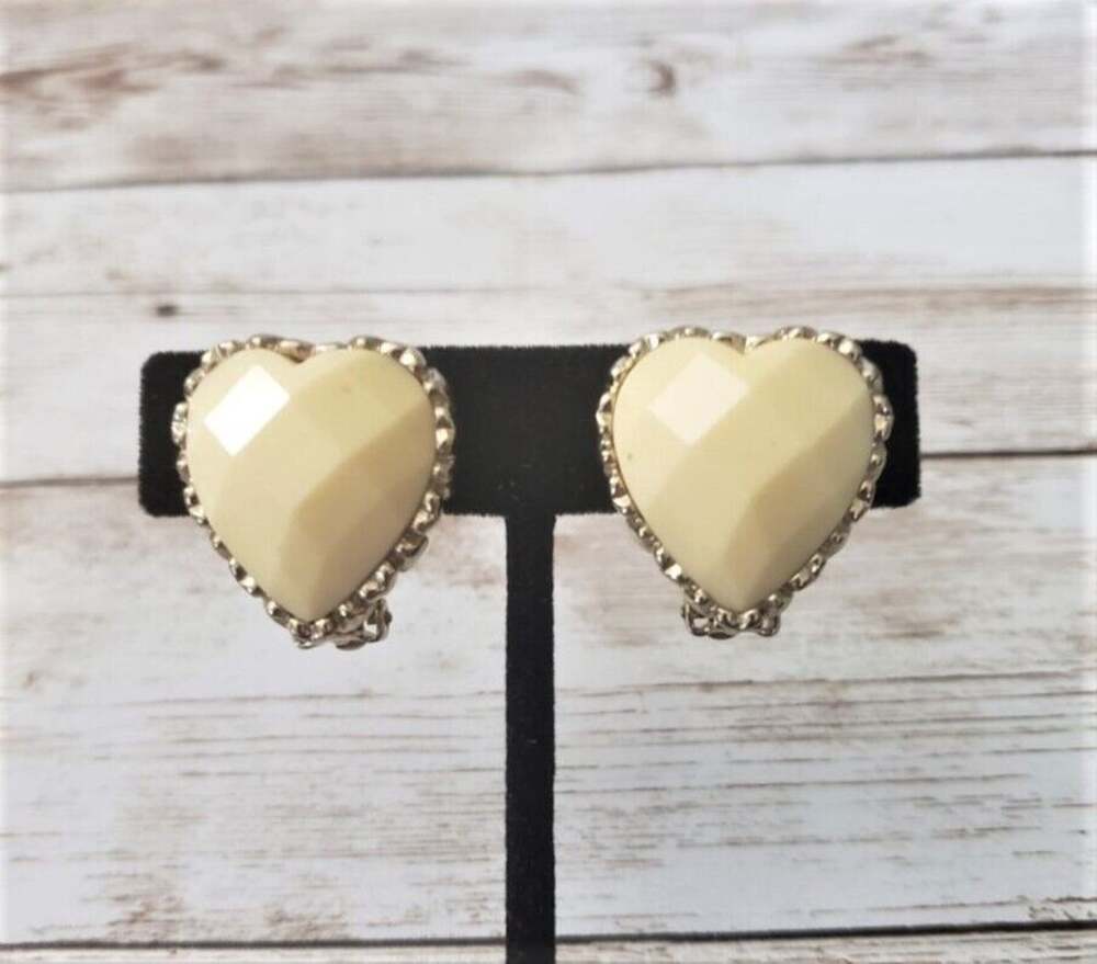 Vintage Clip On Earrings - Large Faceted Cream Heart with Halo